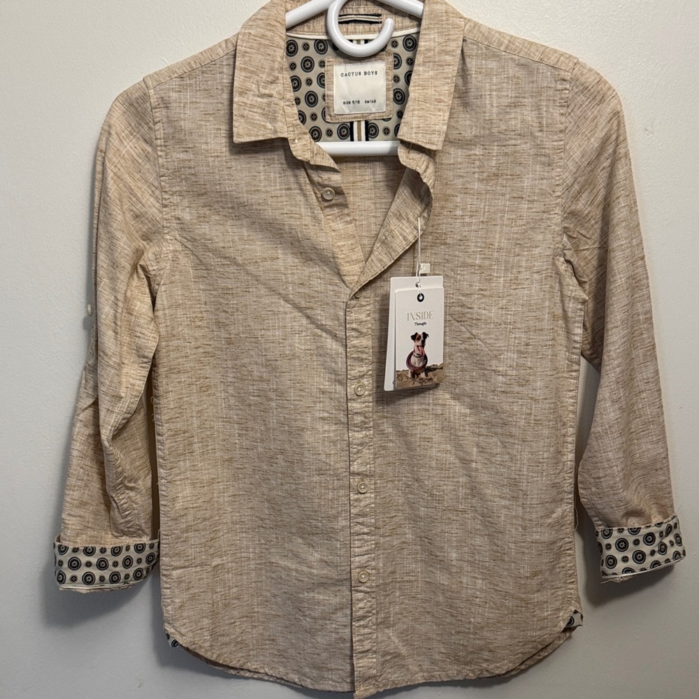Cactus Boy’s Beige Heathered Button-Down Shirt with Contrast Cuffs